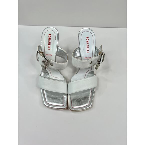 Romanelli Collezioni Size 9.5 Strap White Sandal w/Silver Heel Rhinestone Buckle - Picture 4 of 12